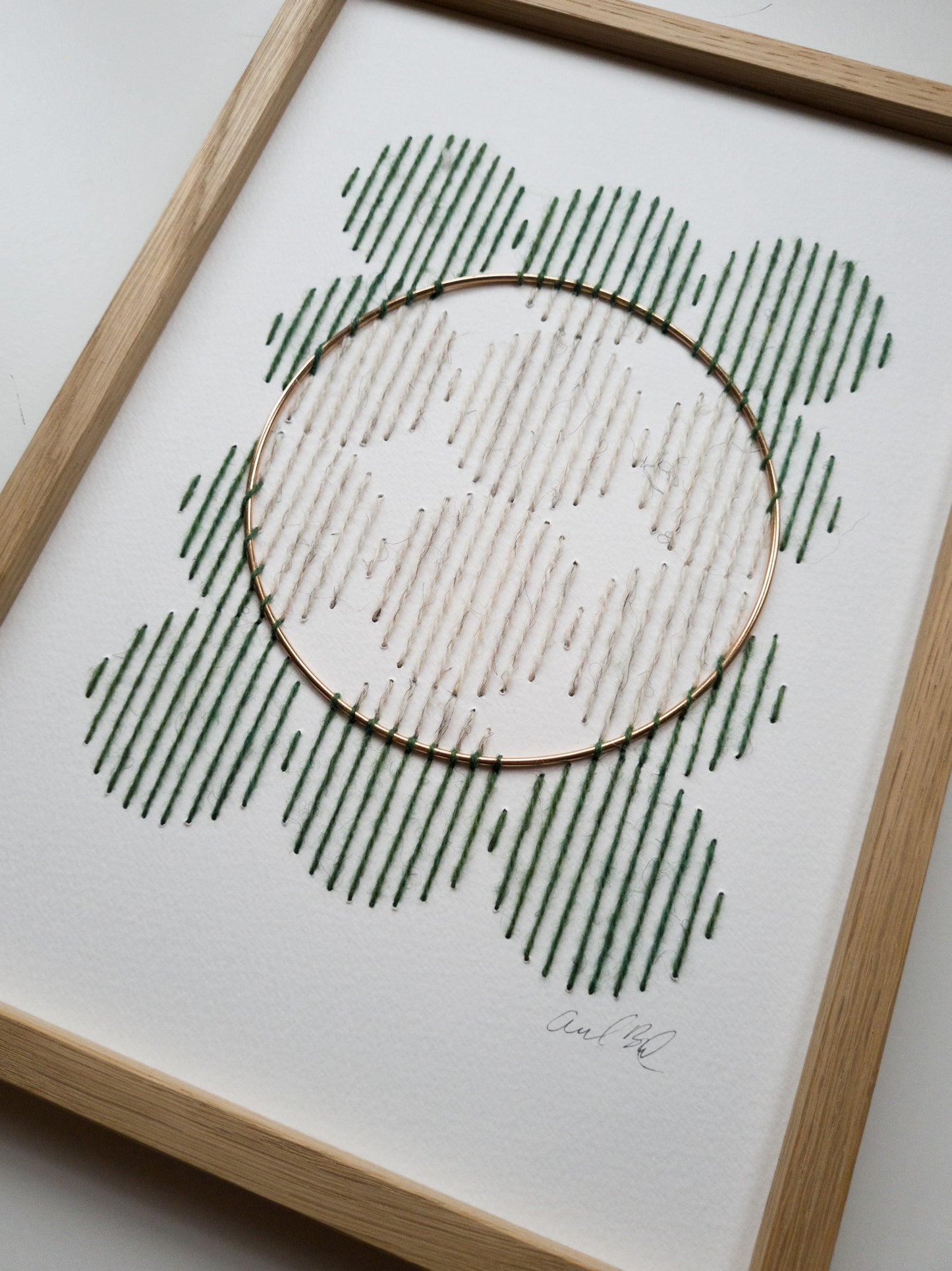 Paper embroidery - green and white with brass ring - details from side