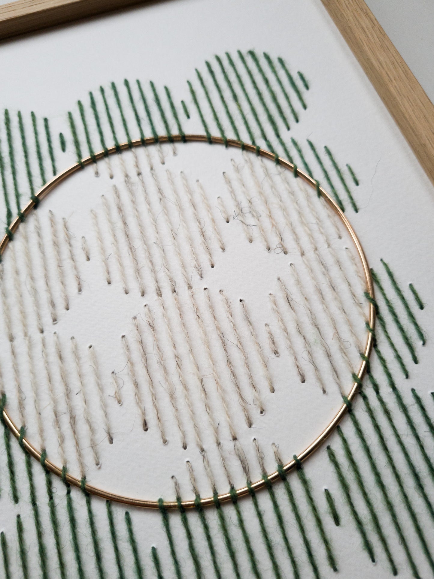 Paper embroidery - green and white with brass ring - detail